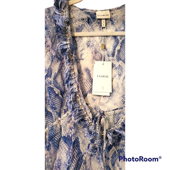 NWT Evarae Short Kaftan 100% Silk Blue Snake Fringe Size Large - Picture 2 of 4